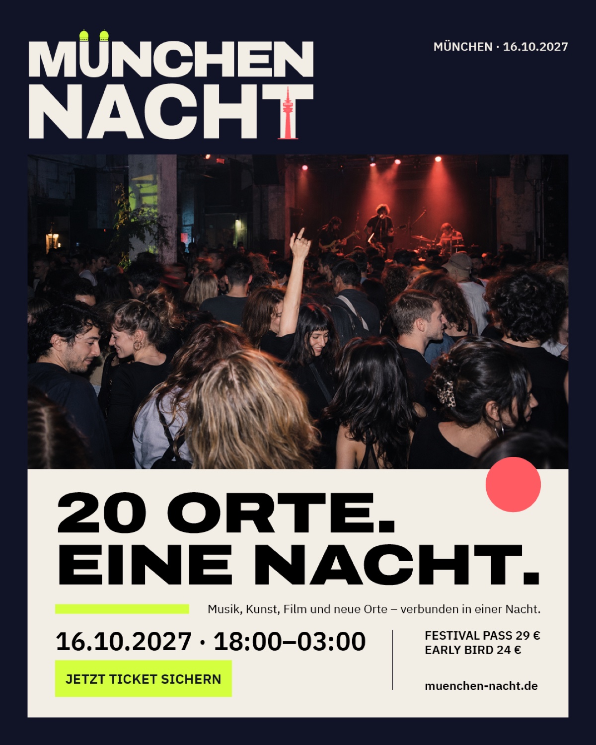 MÜNCHEN NACHT Key Visual mit der Schlagzeile 20 Orte. Eine Nacht.