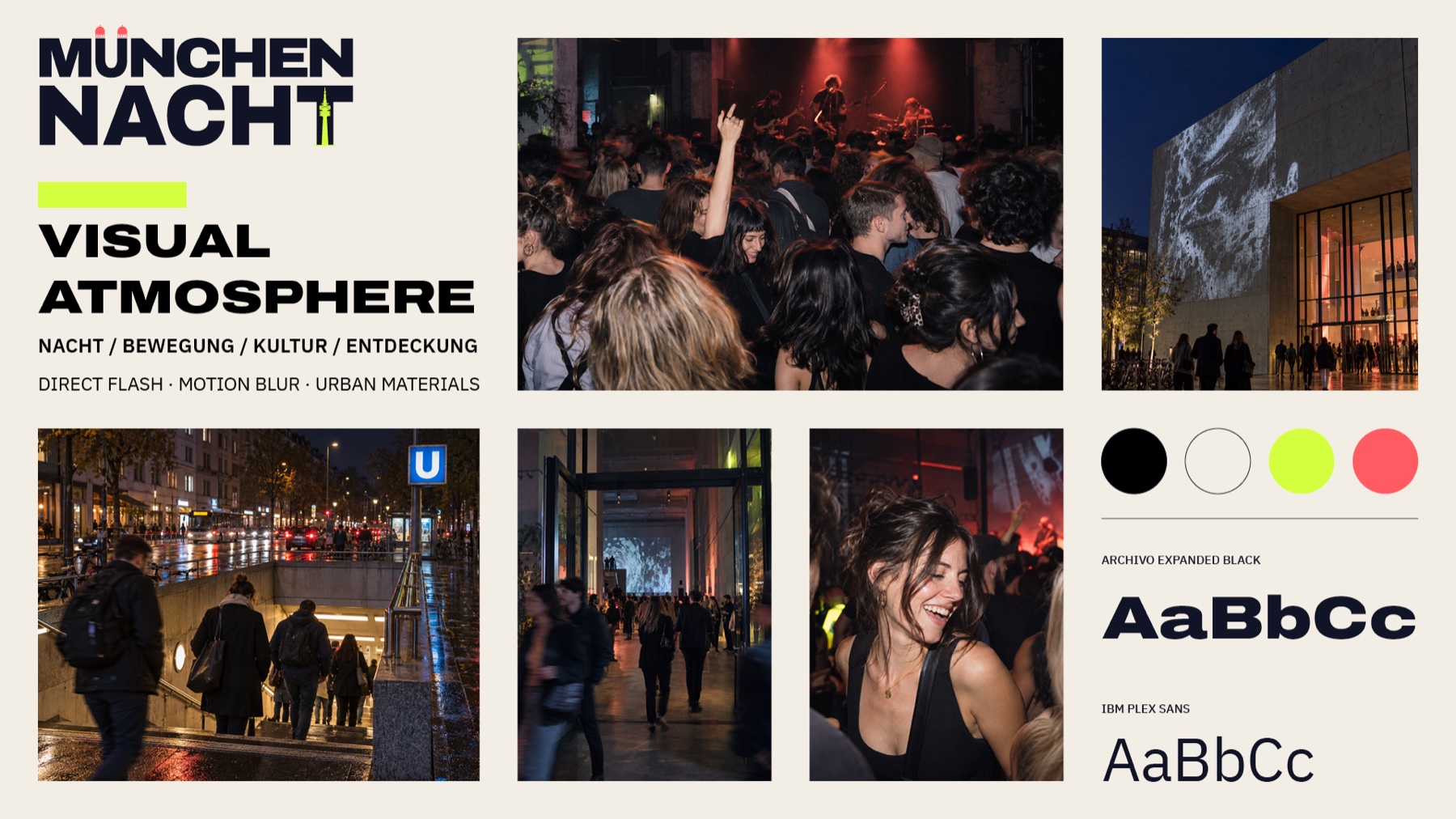 MÜNCHEN NACHT Moodboard mit Nachtfotografie, Typografie und Farbpalette