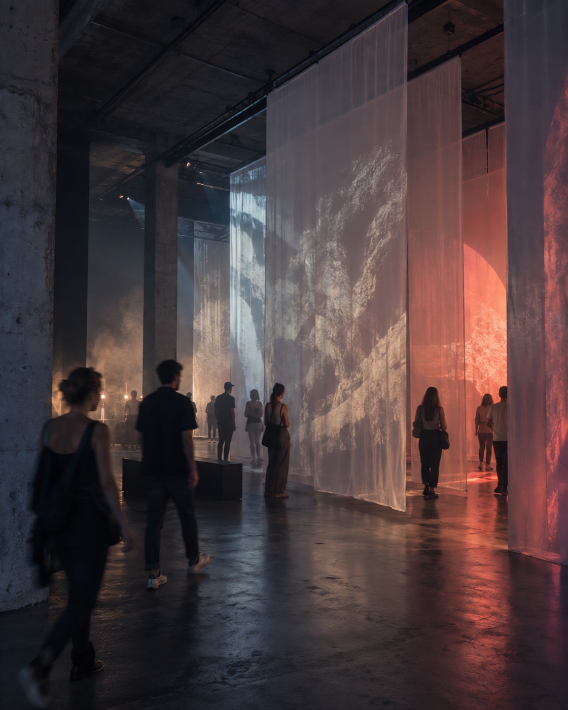 Besucherinnen und Besucher in einer Lichtinstallation