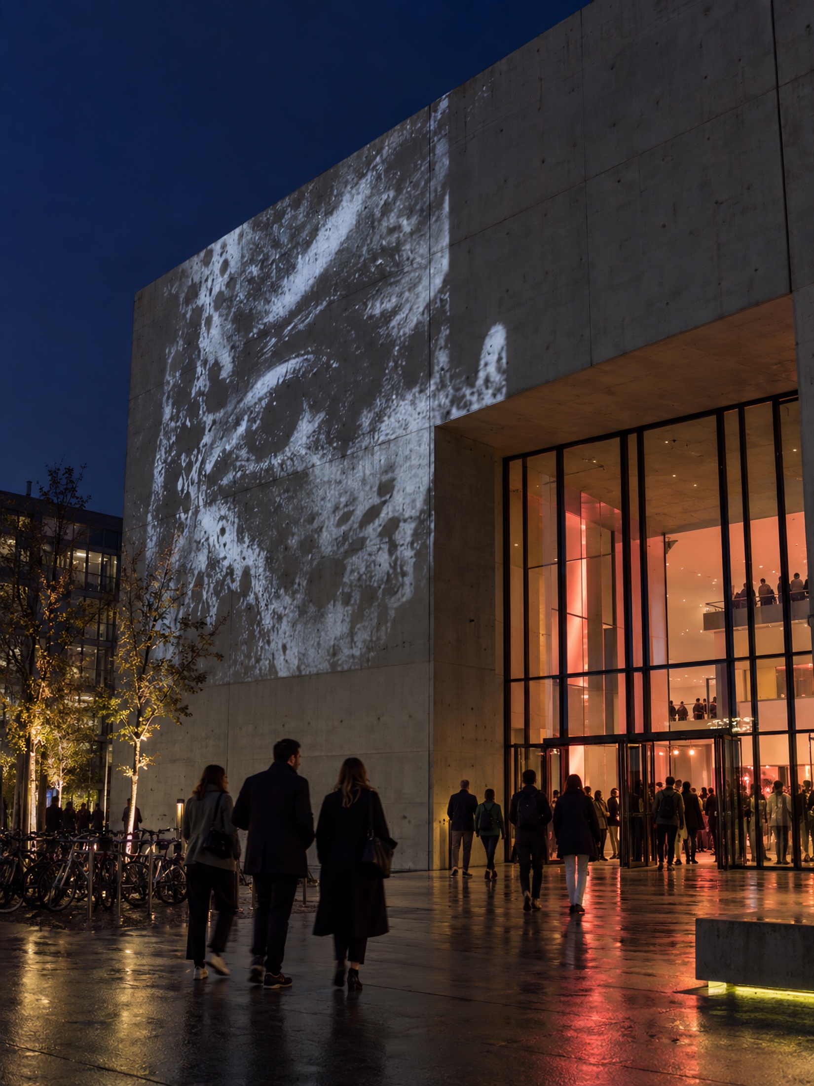 Besucherinnen und Besucher vor einer beleuchteten Kultur-Location in München